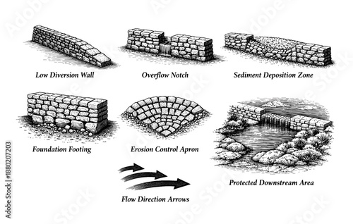 Illustrated water flow control structures and erosion prevention techniques