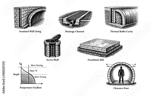 Engineering cross-sections: insulated wall, drainage channel, thermal buffer, access shaft, foundation slab, clearance zone
