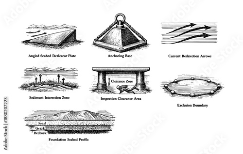 Seabed engineering diagrams: deterrence, anchoring, and clearance zones