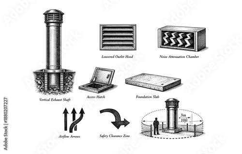 Architectural elements of a ventilation system with vertical exhaust shaft and noise attenuation