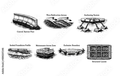Engineering diagrams of coastal defense structures and subsea components