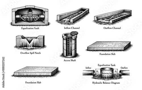 Detailed architectural diagrams of water management structures and components