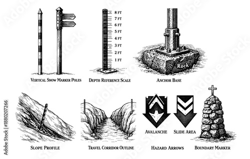 Snow survey tools: depth scales, avalanche indicators, slope profiles, travel corridors