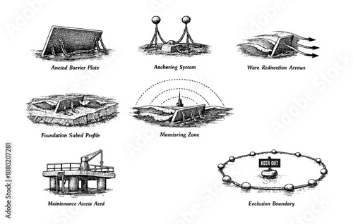 Engineering structures: barrier plates, anchoring systems, and maintenance zones in exclusion areas