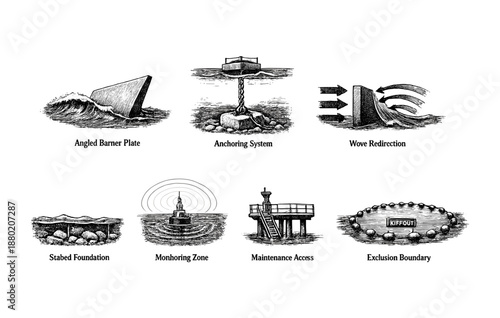 Marine defense structures: barrier plates, anchoring systems, wave redirection and more