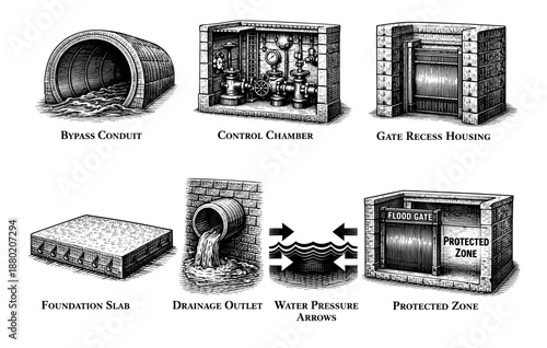 Hydraulic engineering structures: conduit, chamber, gate, slab, outlet, arrows
