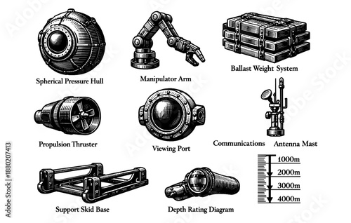 Industrial submarine components with detailed labels and depth rating diagram