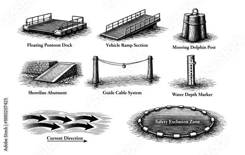 Maritime structures and systems: dock, ramp, abutment, cable, marker, exclusion zone