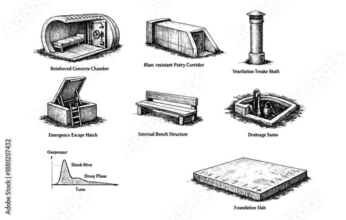 Various concrete structures and components with functional descriptions