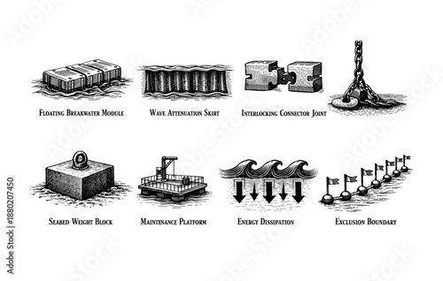 Ocean engineering components: breakwater, skirt, connector, anchor, weight block, platform, energy dissipation, exclusion boundary