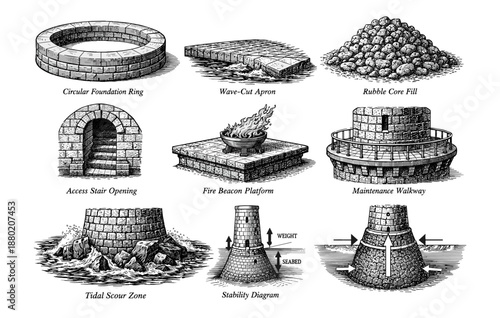 Architectural elements and structures in monochrome illustrations