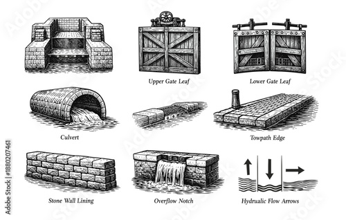 Antique canal lock mechanisms and structures illustration