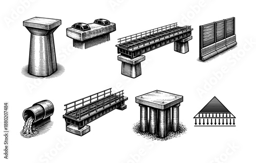 Black and white illustrations of various bridges and infrastructure elements