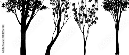 Set of black tree silhouettes. Vector illustration of forest elements including trunks, branches, vines, and leaves isolated on background