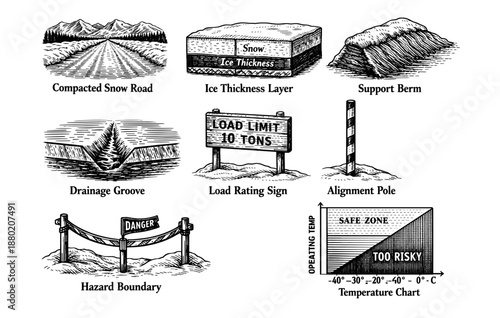 Snow road elements: load signs, alignment poles, hazard boundaries, temperature chart