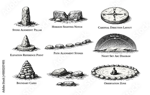 Ancient stone alignment diagrams and celestial navigation illustrations