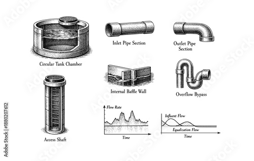 Detailed diagram of circular tank system with pipe sections and flow rate graphs