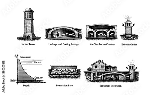Traditional qanat system: architectural diagrams and structural components