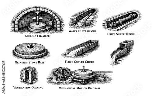 Historic watermill components diagram with milling chamber and drive shaft tunnel