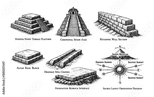 Ancient architectural elements and sacred alignment diagram