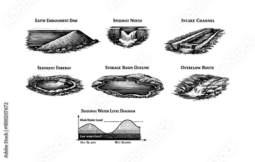 Eath embankment dam components and seasonal water level diagram illustration