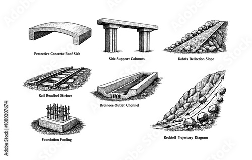 Set of architectural structures and elements with labels