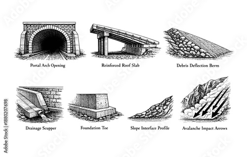Architectural engineering elements: portal arch, roof slab, deflection berm, drainage scupper, foundation toe