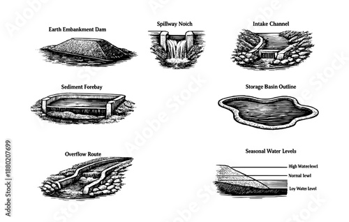 Illustrated elements of dam structure and water management systems