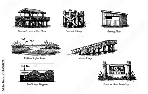 Nature reserve structures and features depictions in detailed illustrations