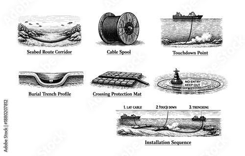 Underwater cable installation process: corridor, spool, touchdown, trench, protection, sequence