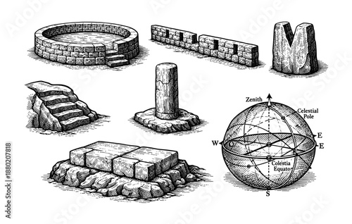Ancient megalithic structures and celestial sphere illustration