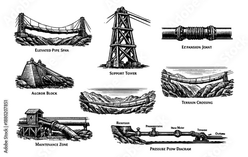 Industrial structures and mechanisms: bridge, pipe, tower, terrain features