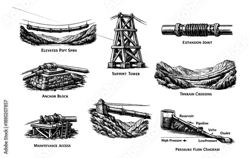 Vintage engineering diagrams: pipelines, towers, and reservoirs