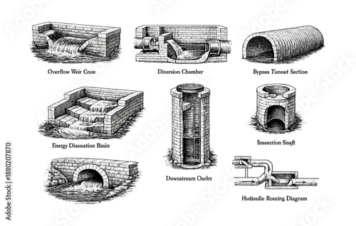 Hydraulic structures diagram: overflow, diversion, bypass, dissipation, outlet, inlet, routing