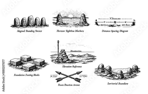 Ancient structures and artifacts: standing stones, spacing diagram, elevation reference, and boundary markers
