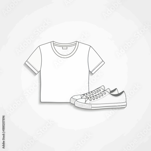 Simple Outline Drawing of a White T-Shirt and Sneakers.