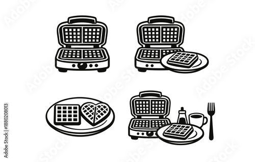 Classic waffle makers with waffles and breakfast items vector set