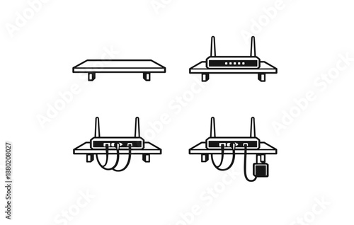 Set of minimalist router icons showing front and rear views with simple lines