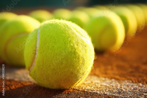 Close-up of a vibrant tennis ball on a clay court during golden hour