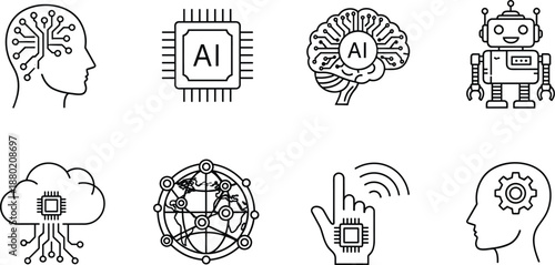 Artificial Intelligence Icon Set Featuring AI Brain Machine Learning Robot Cloud Computing Global Network Digital Human Mind Circuitry and Future Technology