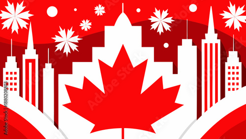 Canada Maple Leaf Winter Illustration with Snowflakes