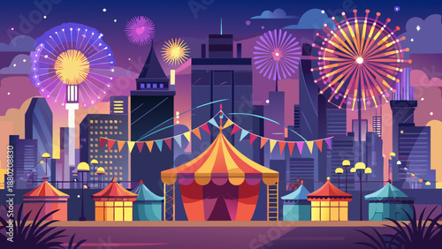 City Carnival with Fireworks and Tents Illustration