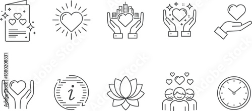 Charity Line Icons Set Featuring Volunteering Hands Hearts Community Support City Care Mindfulness Lotus Information Service Time Management and Humanitarian Aid Concept