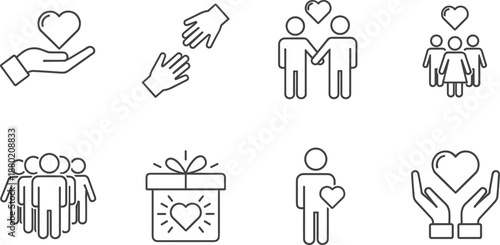 Collection of Charity Line Icons Featuring Volunteering Hands Giving Hearts Community Support Donations Kindness Empathy Social Care and Humanitarian Aid Concept