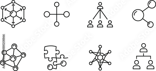 Comprehensive business icon set featuring corporate leadership hierarchy, professional team networking, financial growth charts, startup rocket launch, and strategic marketing goals.