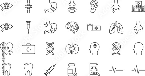 Comprehensive line icon bundle featuring business teamwork, global collaboration, healthcare medical symbols, nature environment, weather forecasting, and sustainable ecology concepts,