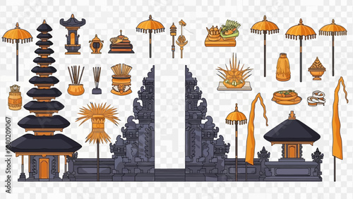 Vector illustration of traditional Balinese temple architecture, ceremonial offerings, and cultural decorations.