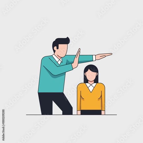 Man stops woman with hand gesture, stop sign, boundary, disagreement, concept illustration