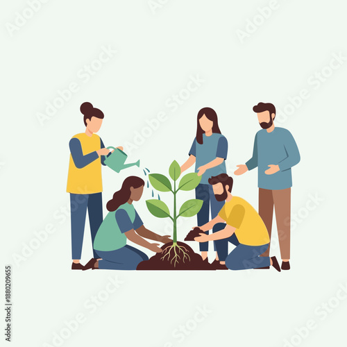 People planting tree together, teamwork, sustainability, environmental care concept