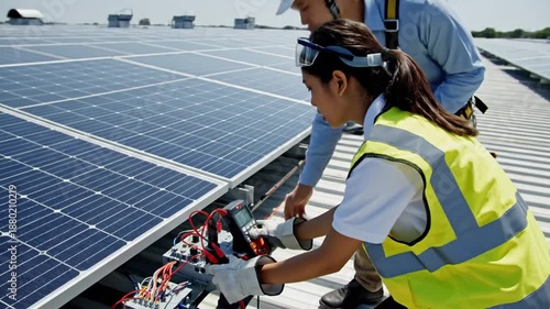 Technicians Inspecting Solar Panels on Rooftop.